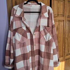 Maurices Oversized Plaid Shirt in Pink and White